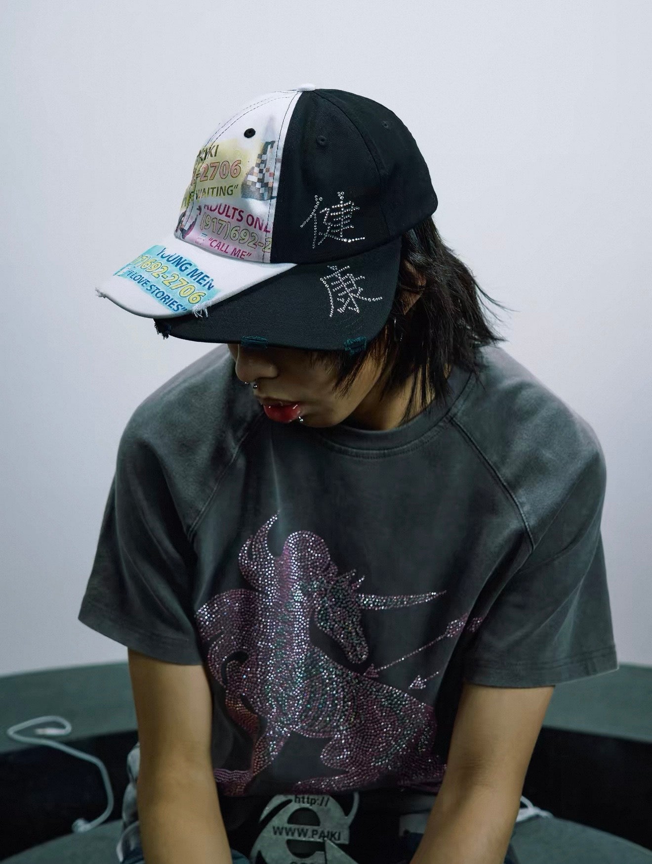 PAIKI|Retro Flyer Slogan Printed Two-Tone Baseball Cap